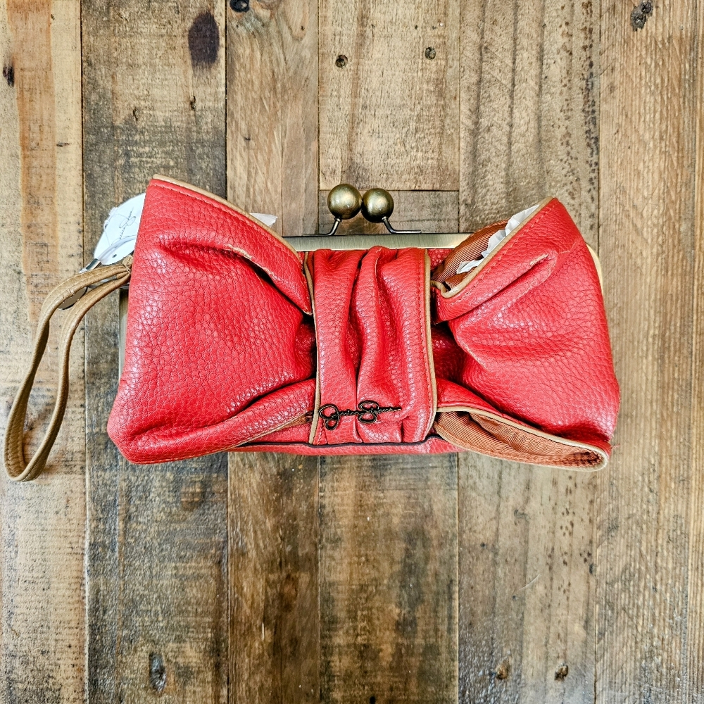 Jessica Simpson Red Orange Bow Clutch Wristlet Handbag w/ Card Holder & Key Ring